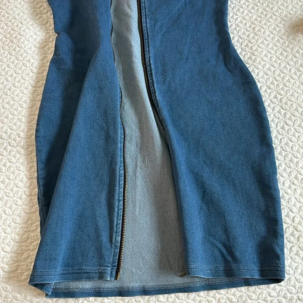 Iris Denim Dress Sexy Short Stretchy Sleeveless Front Zipper Club Party - Picture 11 of 14